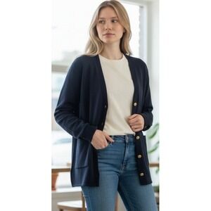 Vintage White Stag Navy Blue Cardigan Sweater Gold Buttons Blazer Style M